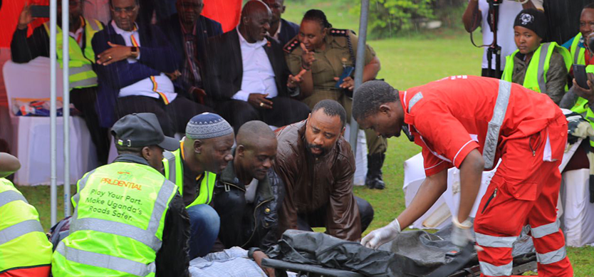 Boda Boda riders that were trained under the safe steps road safety campaign responding to a post-crash during an assimilation exercise