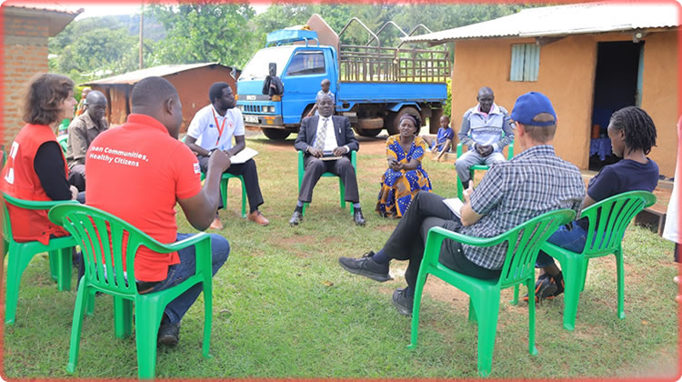 URCS and European Union teams meeting village health teams in Kapchorwa District  