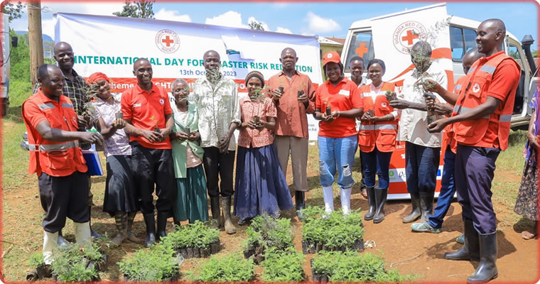 Residents of Bukinyale village, Zesui subcounty, Sironko district, pose for a group photo with officials from URCS immediately after receiving their seedlings at Bukinyale primary school.