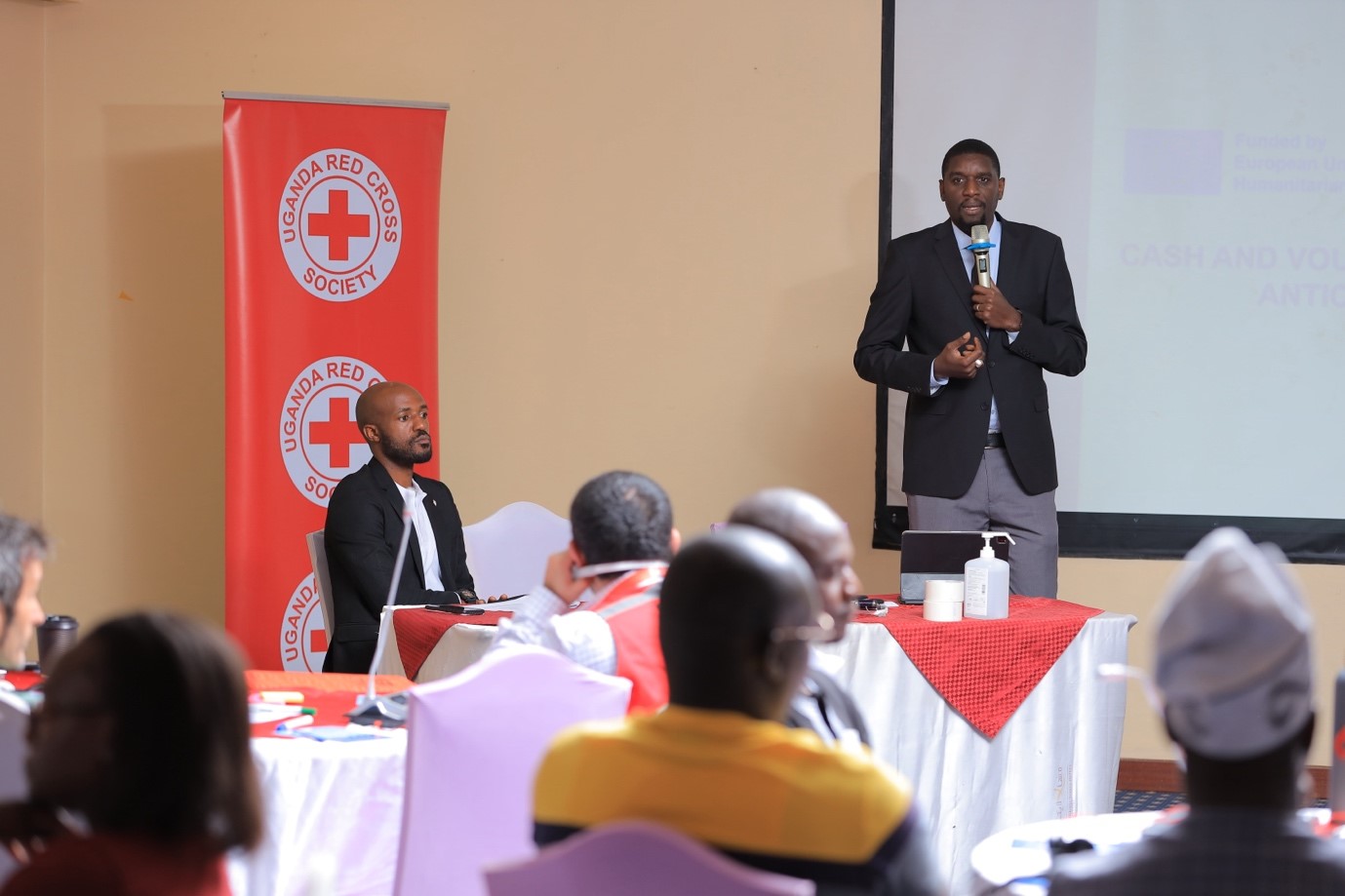 IFRC head of delegation for the Juba Cluster, Papa Mausa Tall emphasizing IFRC’s commitment to the participants of the three-day CVA preparedness in Anticipatory Action at Lake Victoria Hotel in Entebbe. 